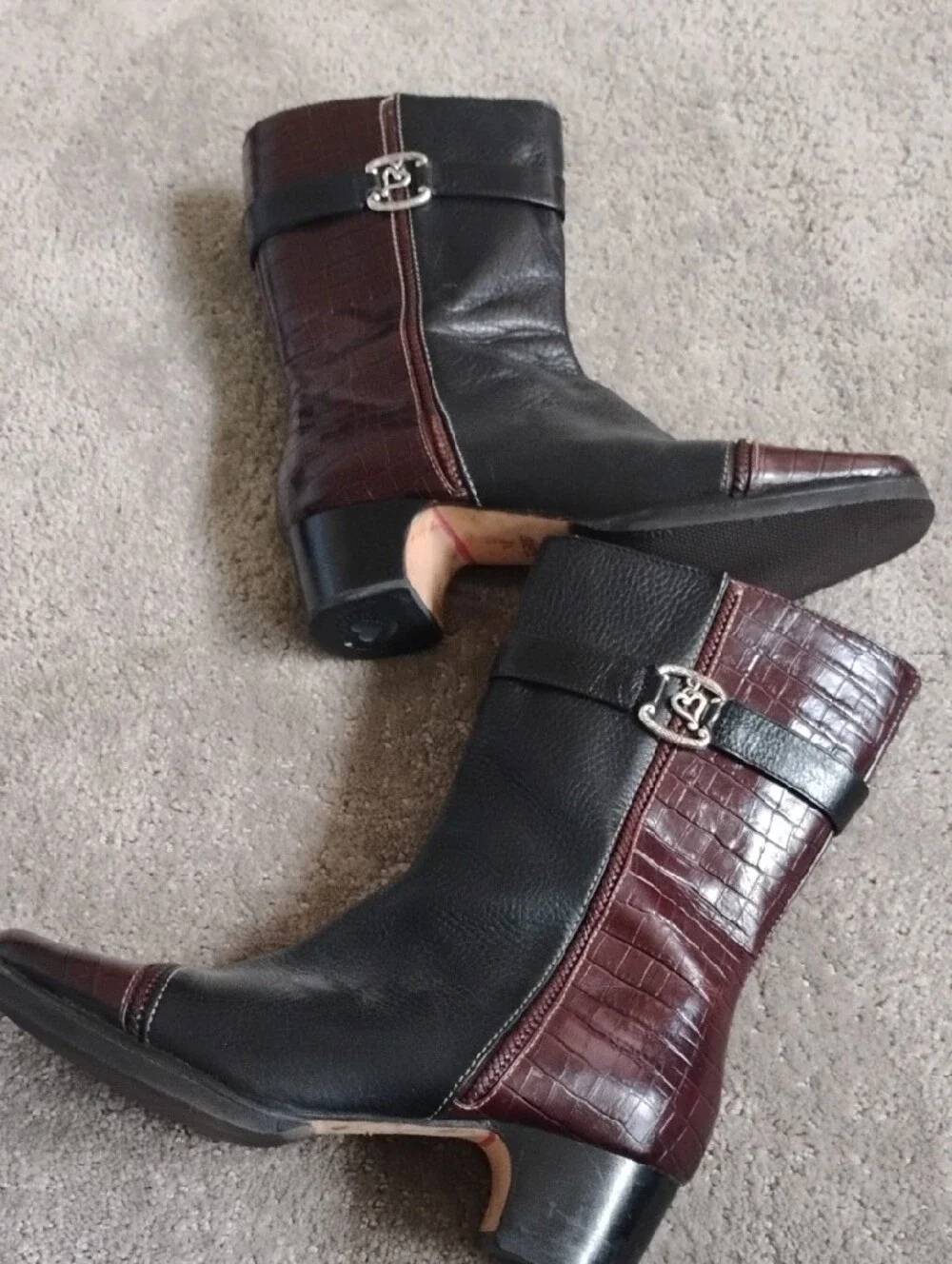 Brighton ..Gretel..Black and brown Croc-Accent Leather Ankle Boots. 7.5